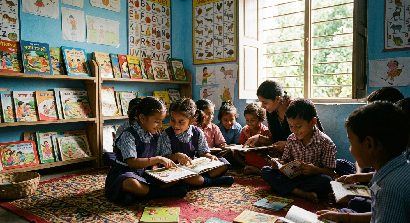 Children reading in mini library